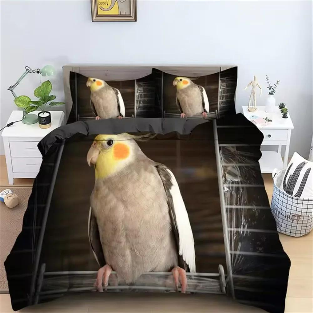 Parrot King Queen Bedding Set Cute Birds Colourful Feather Duvet Cover Tropical Flowers Comforter Cover Polyester Quilt Cover