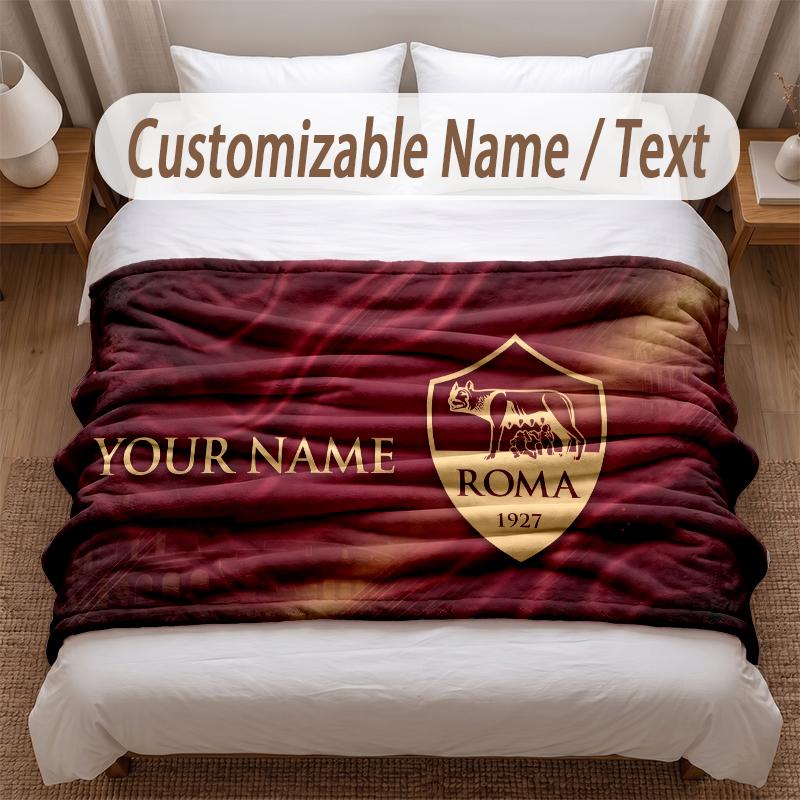 AS Roma FC Printed Flannel Blanket Custom Name Text Soft Warm Throw For Bedroom Holiday Gift