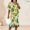Women Plus Size Geometric Printed Two Piece Set Round Neck Batwing Sleeve Ruffle Hem Top Fishtail Skirt