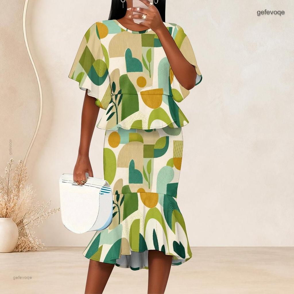 Women Plus Size Geometric Printed Two Piece Set Round Neck Batwing Sleeve Ruffle Hem Top Fishtail Skirt