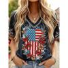 V-Neck Short Sleeve T-Shirt With Blue White Striped Print Loose Fit Casual Top Women 2025