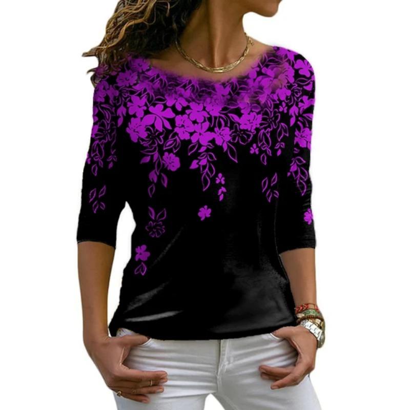 Autumn versatile long sleeved women's T-shirt with floral pattern printed regular retro casual O-Neck Bohemian multi-color top