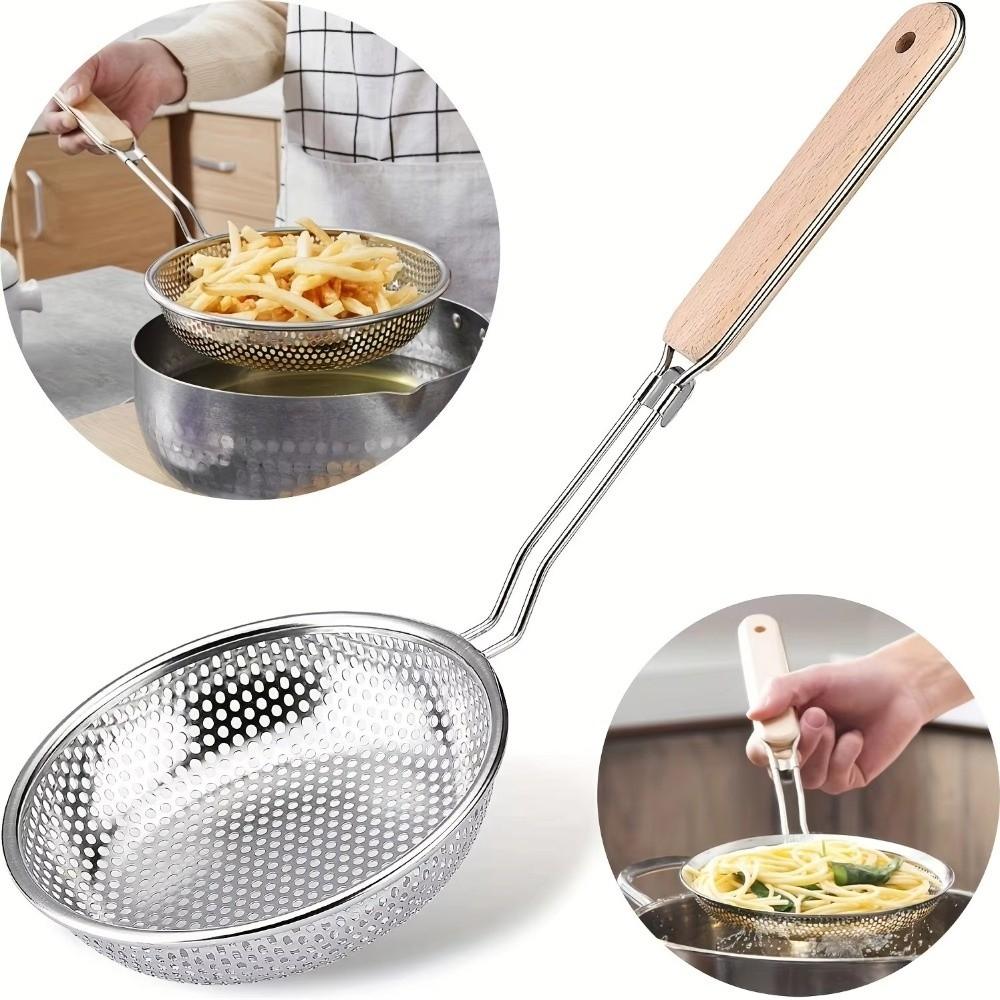 New Thickened Stainless Steel Strainer Wooden Handle Fine Mesh Dumpling Strainer Long Handle Kitchen Strainer Household Use