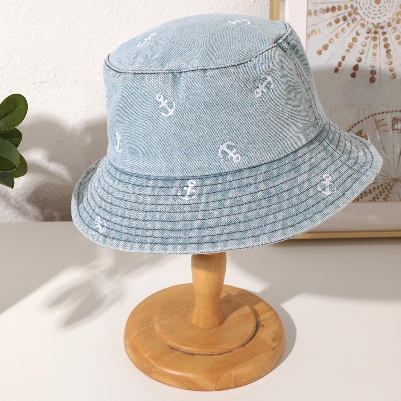 

Модная washed denim панама-шапка рыбака с якорем, корейская версия, простая солнцезащитная шляпа, подходит для прогулок и отдыха One Size