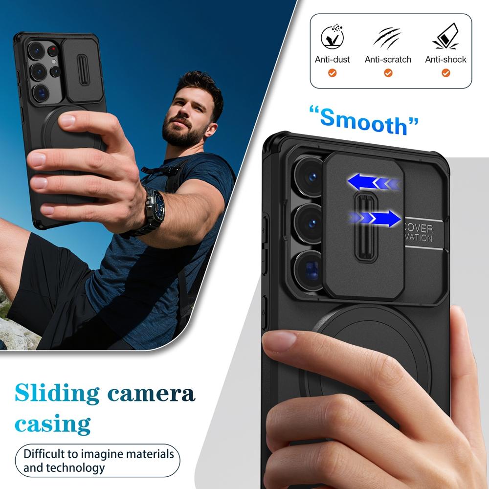 Armor Slide Camera Lens Case For Samsung Galaxy S26 S25 S24 S23 S22 Ultra Plus Magnetic Car Mount Foldable Kickstand Cover