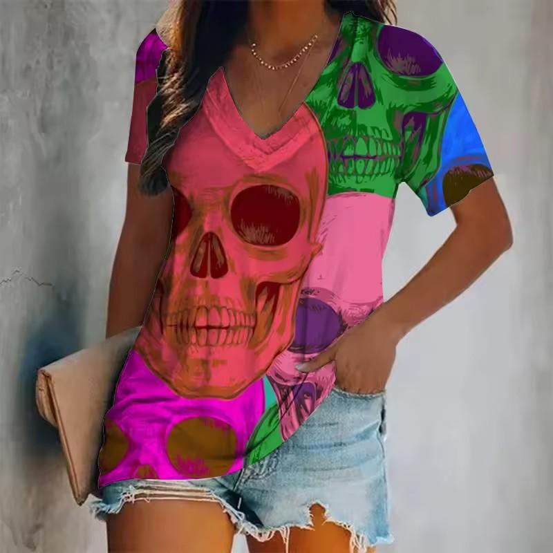 Women's Short-Sleeved T-Shirt V-Neck 3d Printed Skull Pattern Oversized Women's Top Y2K Style Summer Casual T-Shirt