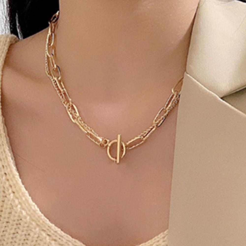 Minimalist Stainless Steel Double-Layer Square Chain Necklace with OT Toggle Clasp - Women's Hip Hop Jewelry