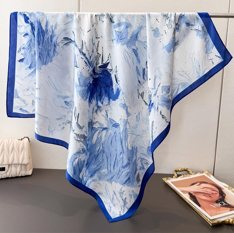 Women's Retro Fashion Mulberry Silk Feel Square Scarf - Summer Faux Satin, Sun Protection, 90cm