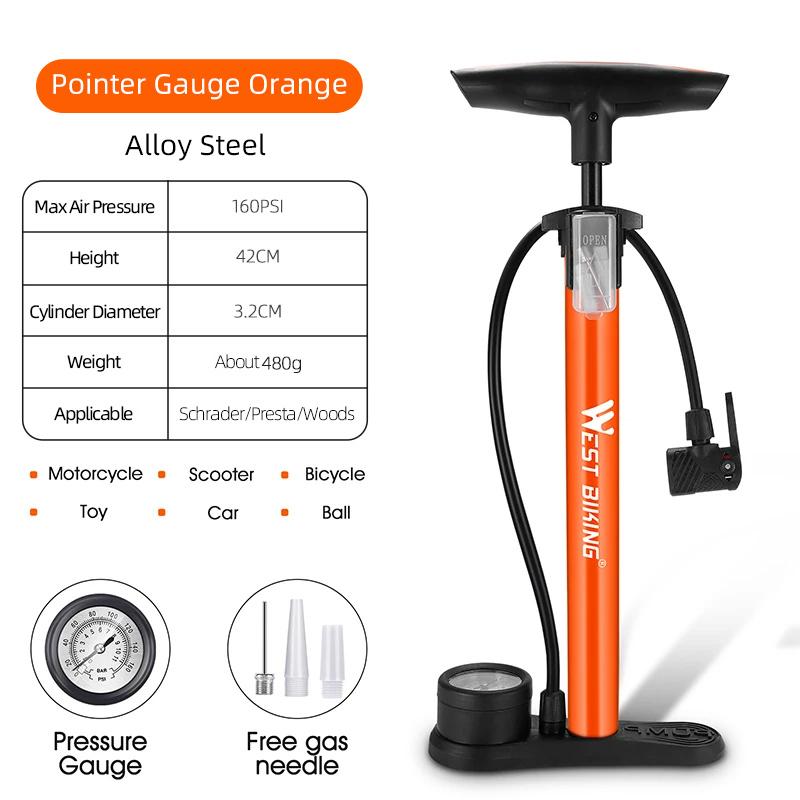 WEST BIKING Bicycle Air Pump With Gauge 160PSI High Pressure Tire Inflator Schrader Presta Cycling Pump MTB Road Bike Floor Pump