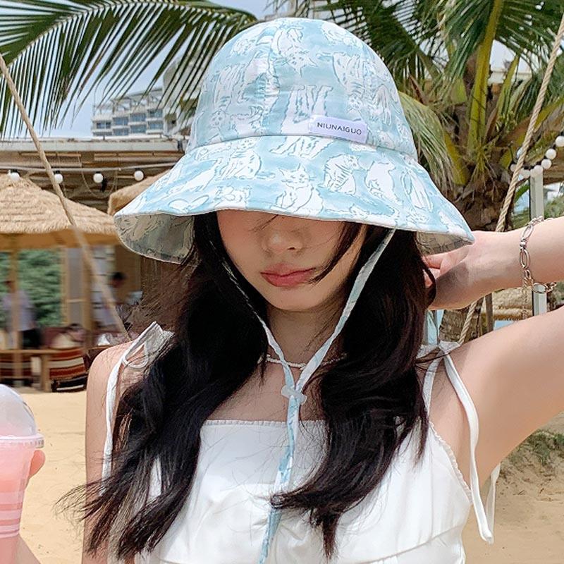 Cute and Sweet Lace-up Fisherman's Hat Children Summer Shading and Sun Protection Big Head Circumference Foldable Outdoor Outing Basin Hat Tide