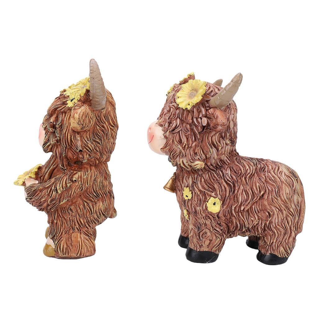Flower Highland Cow Statue Cute Small Animal Figurines for Home Garden Kitchen Office