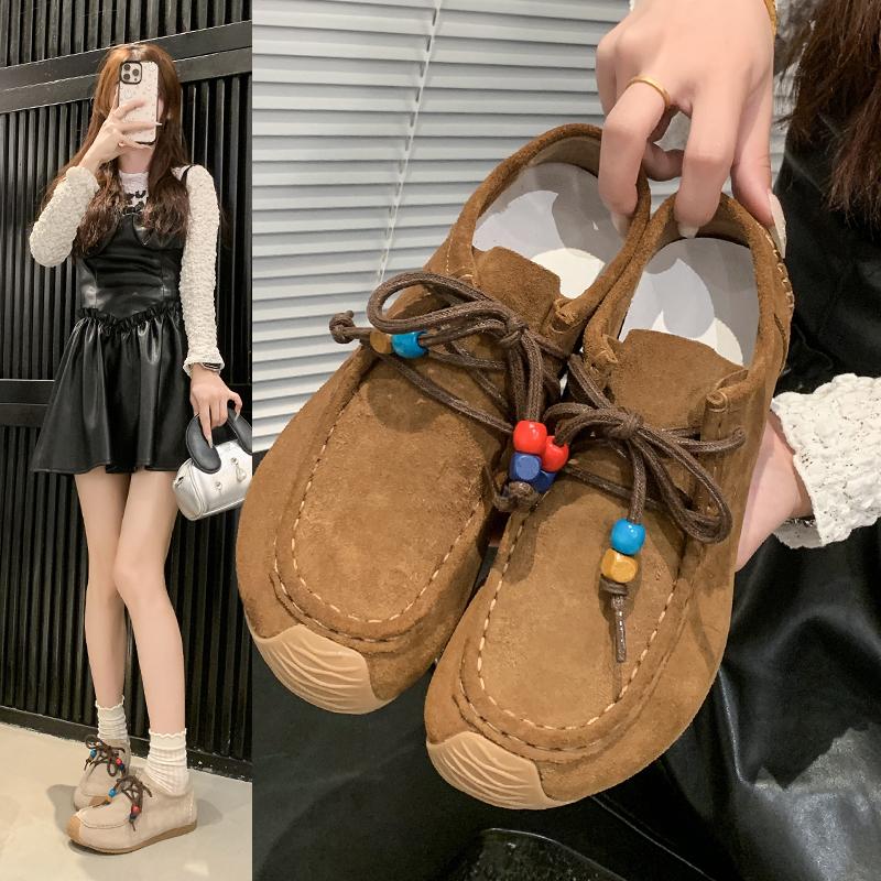 Fashion Women's Flat Shoes Round Toe Lace-up String Bead Increased Internal Shoes Retro Suede High-heeled Spring and Autumn Single Shoes