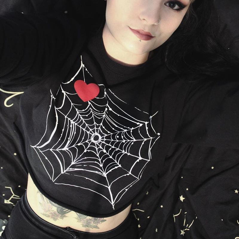 Gothic Halloween Cobweb Print Black T Shirt O Neck Long Sleeve Sexy Cropped Tops Punk Loose Autumn T-shirt
