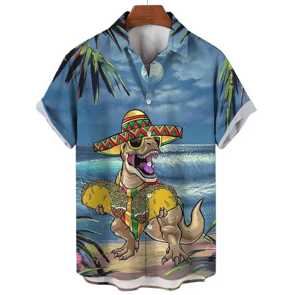 Dinosaur Skull & Tropical Leaf Print Short Sleeve Shirt, Casual Summer Top