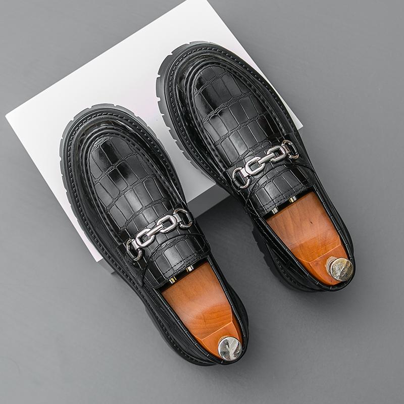 Fashion Fashion Brand Men's Comfortable Thick Soled Round Toe Loafers for Spring New Men's Retro Style Crocodile Leather Oxford Shoes