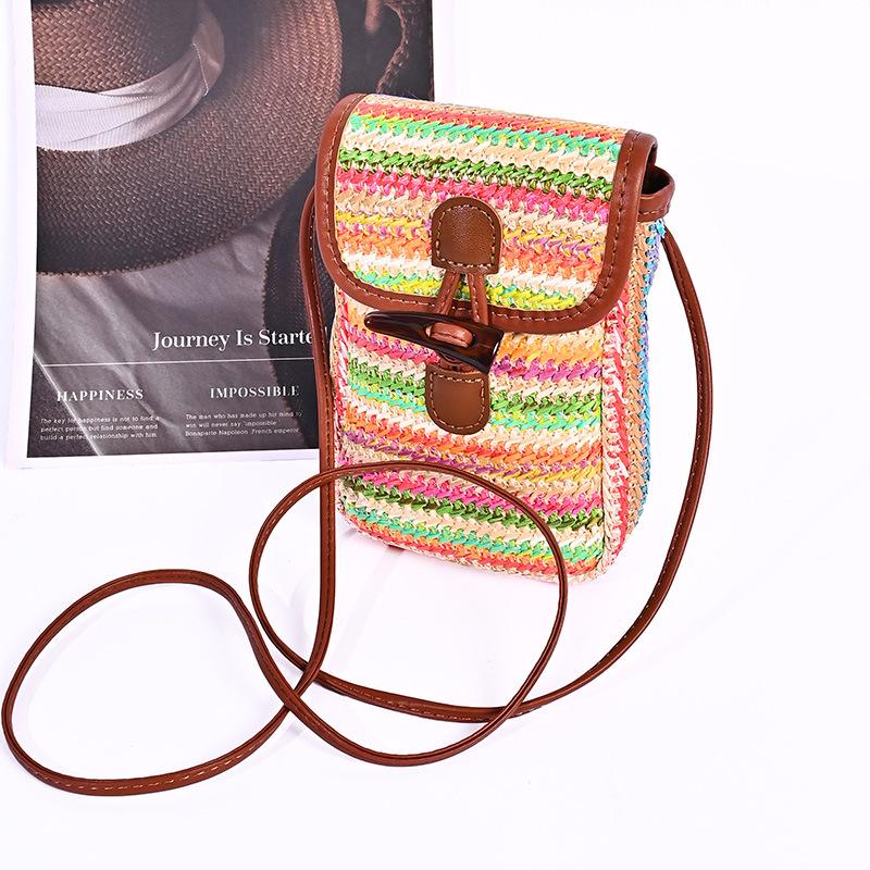 Summer Rainbow Strip Woven Bag Women's Versatile Contrasting Color Mini Mobile Phone Bag Can Be One Shoulder Can Be Messaged Small Square Bag