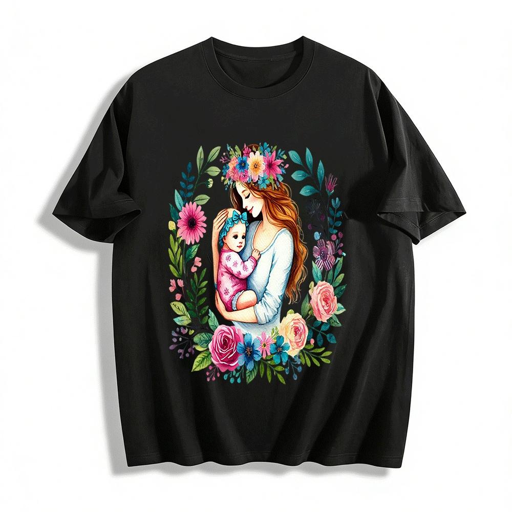Floral Mom And Baby Print Top Warm Mother Love Themed Shirt Pure cotton T-shirt XXS