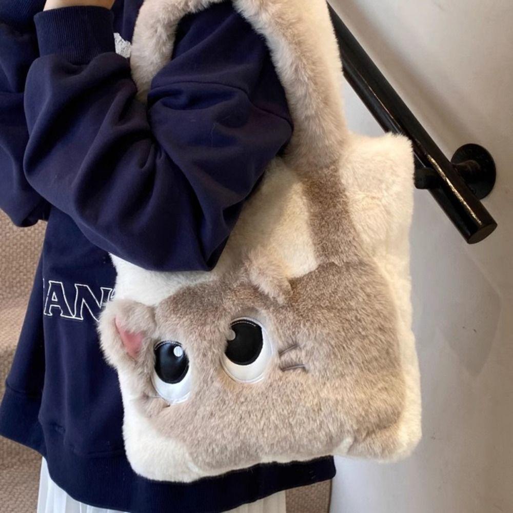 Handtasche Cartoon Katze Umhängetasche Große Kapazität Pelzige Tragetasche Leichte Plüschtasche Reise