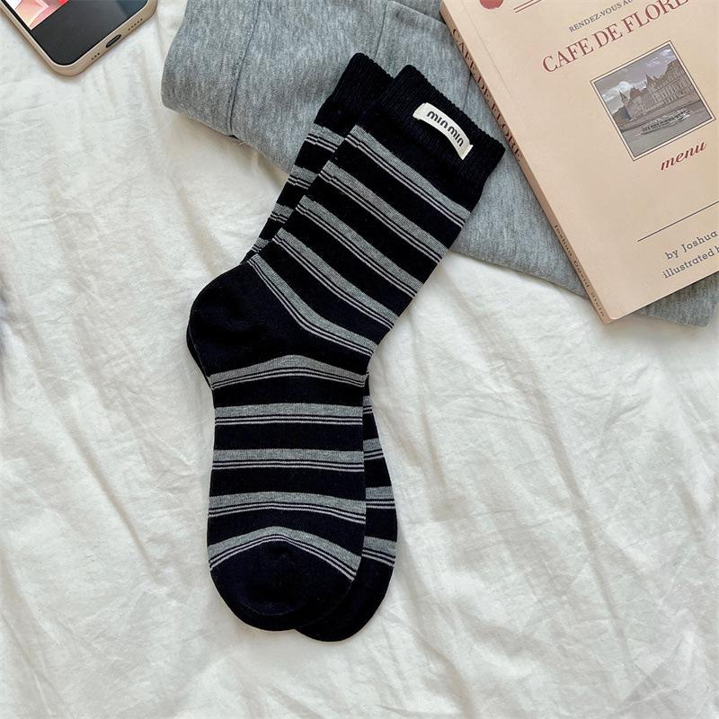 Gestreifte Stoffetikett Socken, Damen Mittelschaftsocken, Trendige Reine Baumwolle Frühling und Herbst Color-Blocked Socken, Winter Frottee Lange Socken