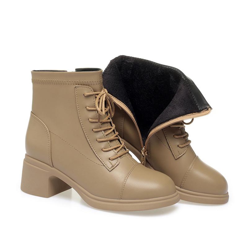 Women Casual Motorcycle Ankle Boots Thick Sole Plus Fleece Lace Up Autumn Winter Knight Outdoor New Short Leather Boots