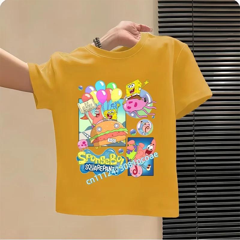 2026 SpongeBob Summer Tshirt for Children  100 Cotton ShortSleeved Boys Sport Shirt  Girls Casual Top with Cartoon Print