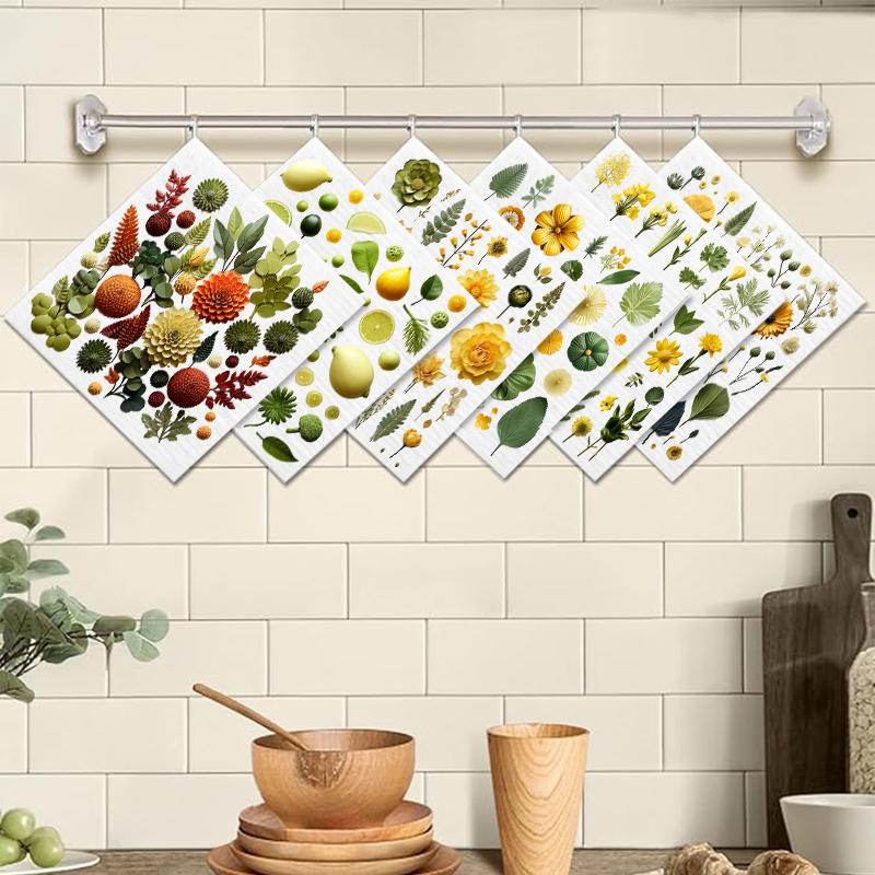 6 ks Švédské utěrky na nádobí Ekologické kuchyňské hadry Savé utěrky na nádobí Opakovaně použitelné Omyvatelné Potisk listů květin Čisticí utěrky