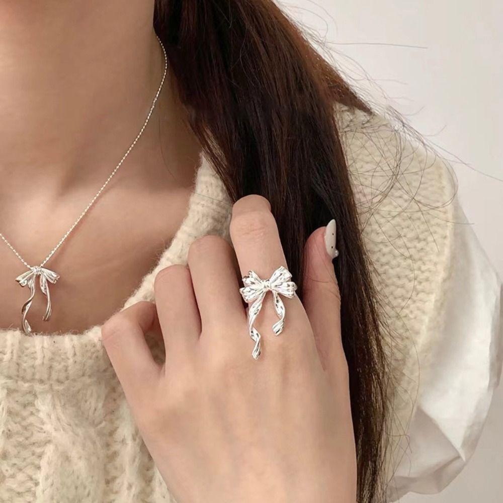 Geometric Design Tassel Bowknot Rings Finger Adjustable Sterling Silver Rings  Party Jewelry