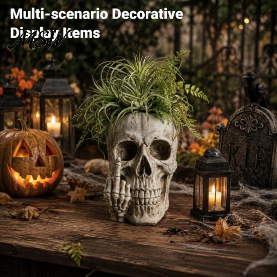 Funny Middle Finger Skull Gothic Planter with Design, Resin Skeleton Flower Pot Cool Indoor Outdoor for Succulents, Plant Ornament Halloween