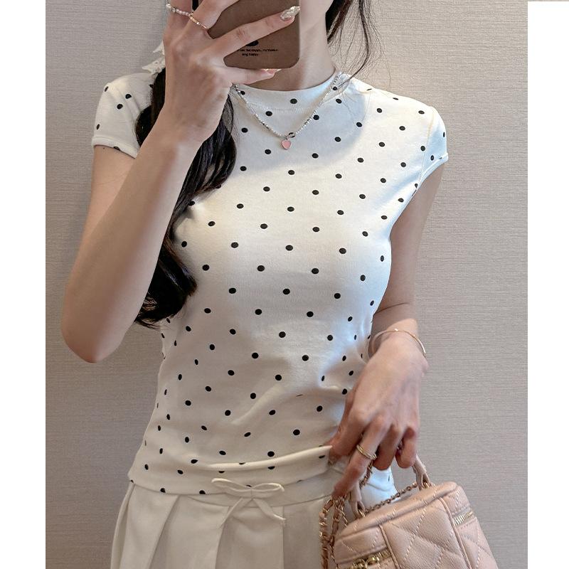 Black polka dot design front shoulder short-sleeved T-shirt women's spring and summer thin round neck slim-fitting and thin bottoming shirt