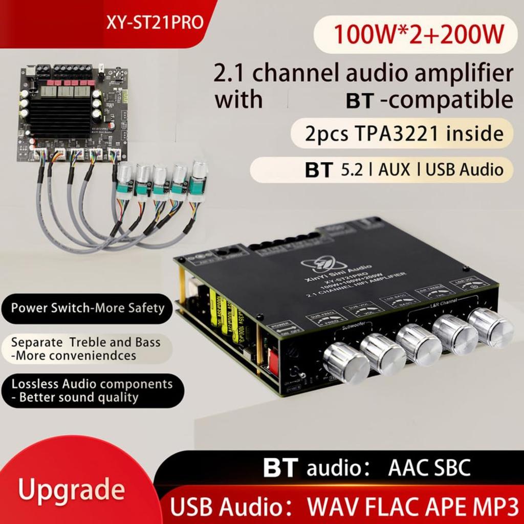 Compact 2.1Channel TPA3255 BT Digital Power Amplifier Board High and Low Tone Subwoofer Power Amplifier Board 100W*2+200W