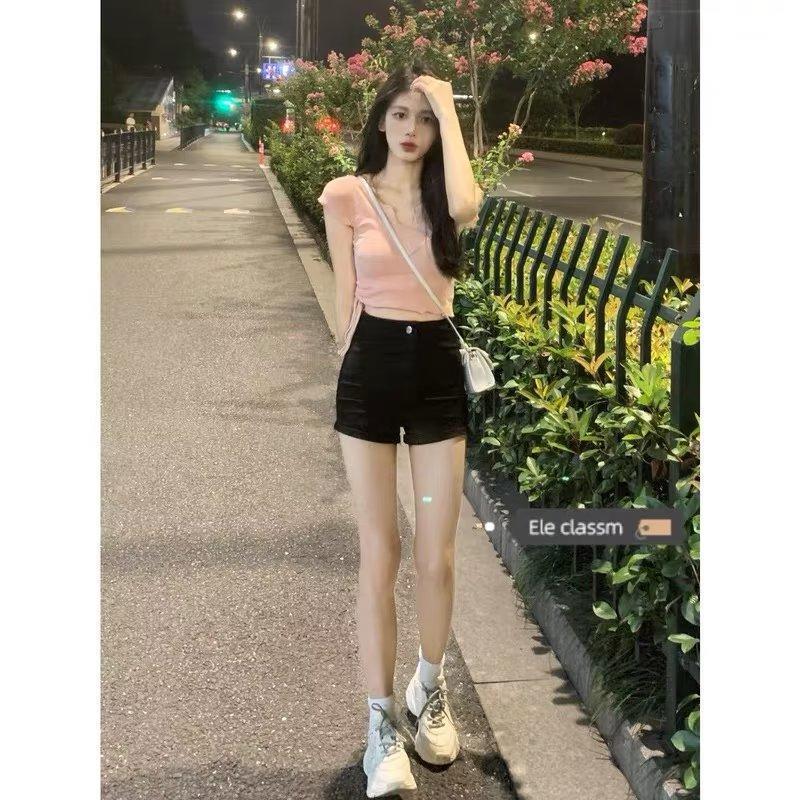 Women's High Waist Black Denim Shorts - Korean Style Trendy Slimming Hot Pants