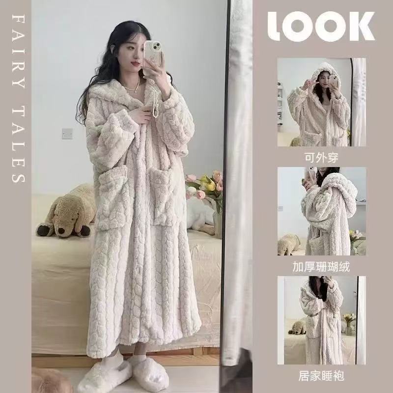 Women Coral Fleece Bathrobe Hooded Flannel Robe Set Thick Warm Loungewear Fall Winter