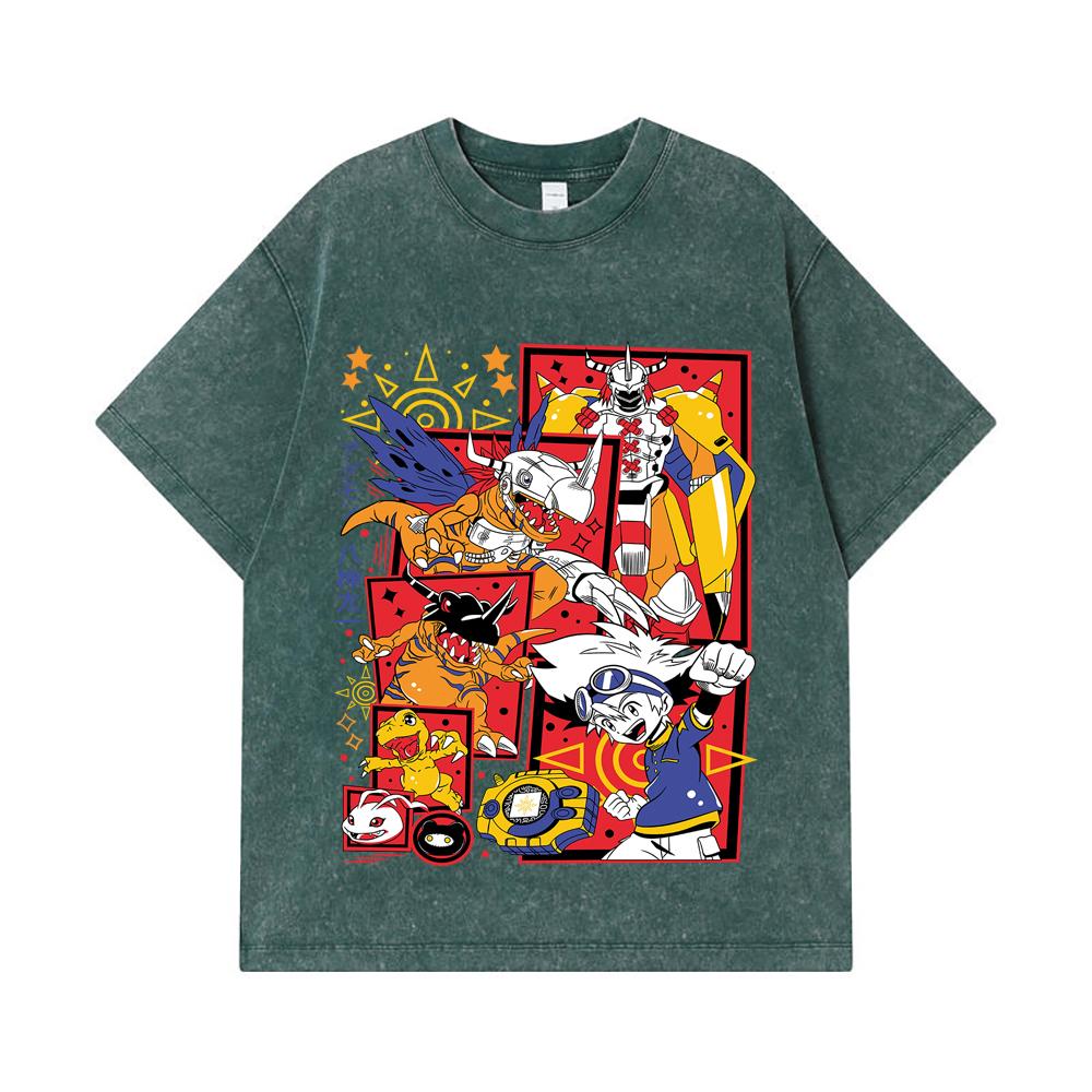 275 GSM Washed T-shirts 100% Cotton Digimon V1 Agumon Print Unisex Heavy Cotton T Shirt