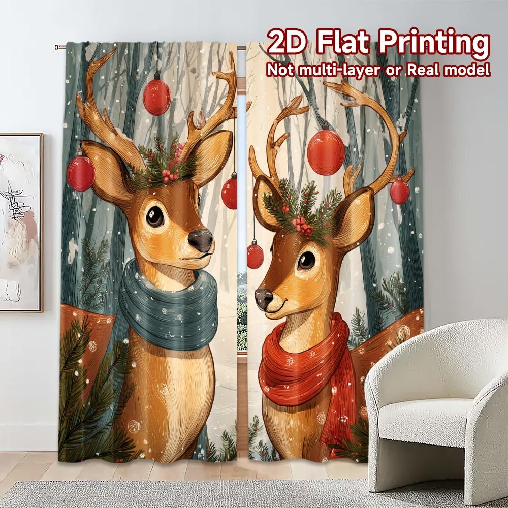 2D Flat Printing,JIT 2pcs, Curtains (Without Rod) Festive Reindeer(1) Print Chic Curtains Fabric Curtains Home Decor Perfect for
