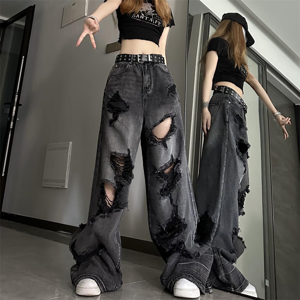 JQBFL Distressed Denim Loose Wide Leg Washed Fashionable Long Distressed Street Perfect for Commuting and School Women's Pants, Fit, Pants, Jeans,