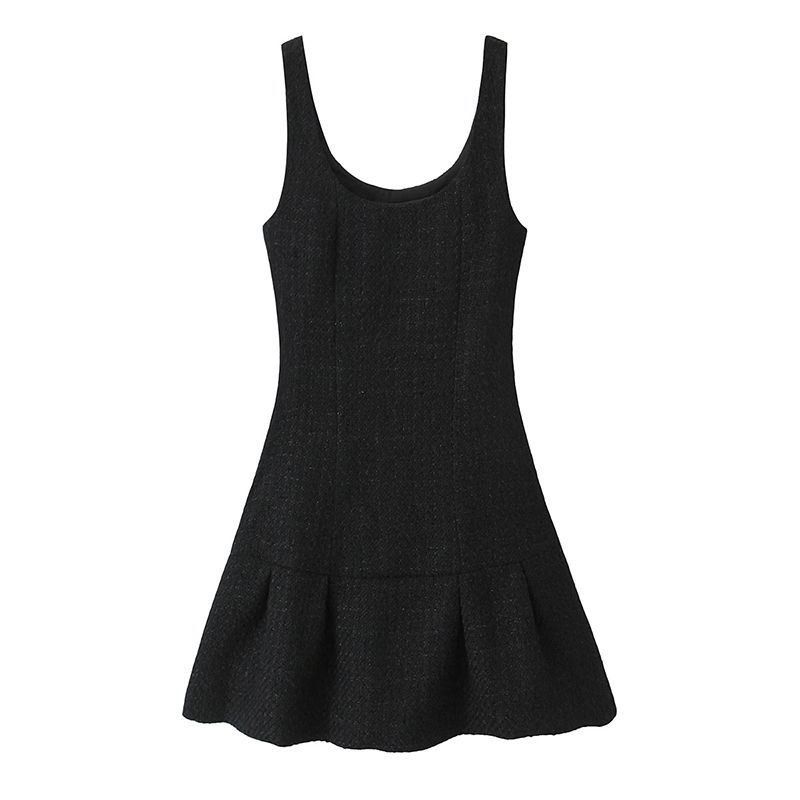 

Sweet Martini French Style Fancy Classic Style Elegant Tweed Square Collar Pleated Dress Vest Black Dress Black L
