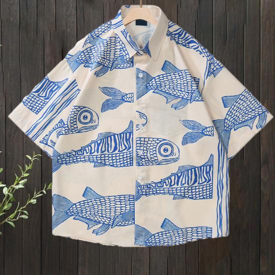 Men Beach Shirt 3D Fish Print Contrast Color Plus Size Short Sleeves Turn-down Collar Streetwear Single-breasted Plus Size Cardigan