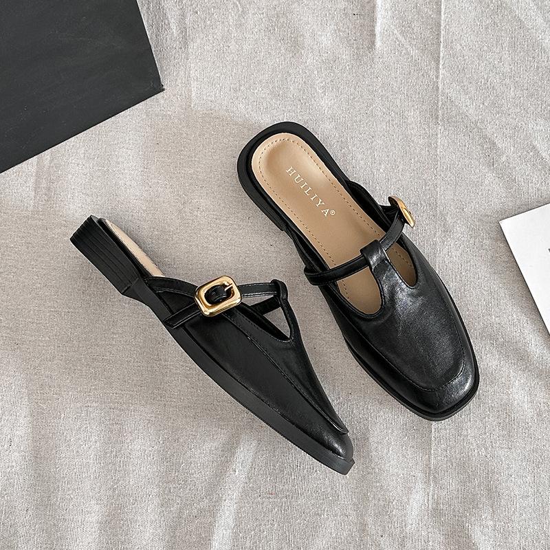 X139-3 French 2025 Summer New T-button Round Head Slippers Low Heel Mary Jane Shoes Comfortable Women's Outer Slippers