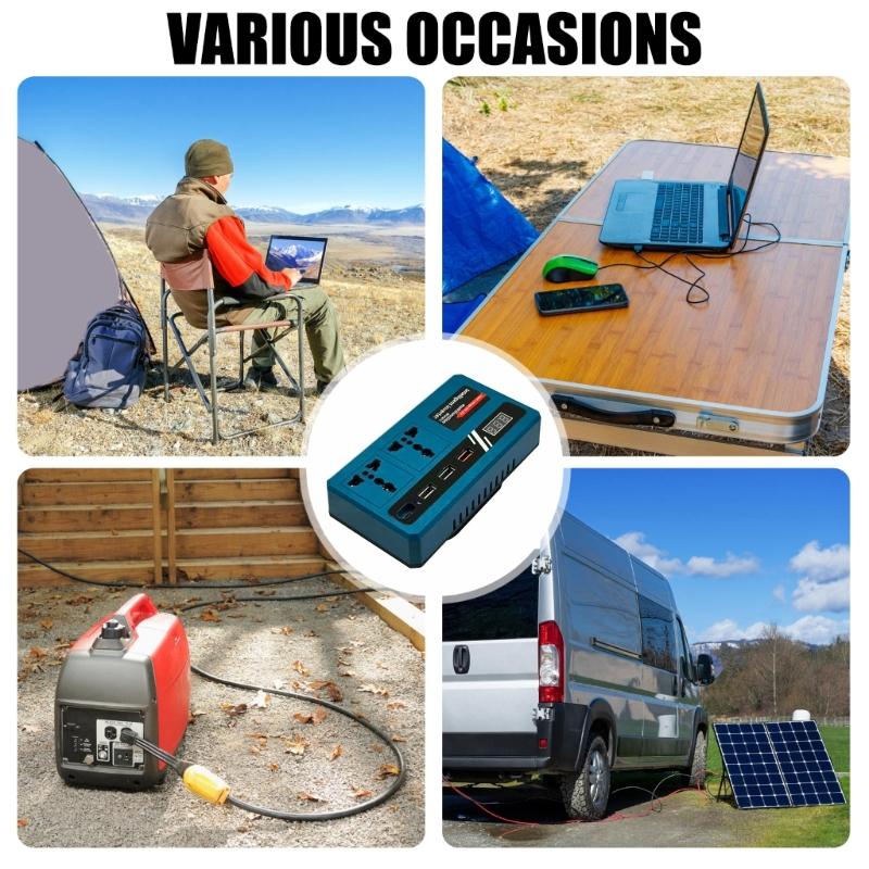 Multiple Port USB Charging and Power Converter 18-21V to 220V Featuring 2 Alternating Current Outlets 3 USB Port 1 Type C