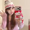 Kawaii Red Bow Cat Case For iPhone 17 16 15 14 Pro Max with Strawberry Outfit, Beaded Strap and Airbag Bumper Shockproof Cover