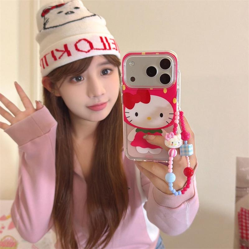 Kawaii Red Bow Cat Case For iPhone 17 16 15 14 Pro Max with Strawberry Outfit, Beaded Strap and Airbag Bumper Shockproof Cover