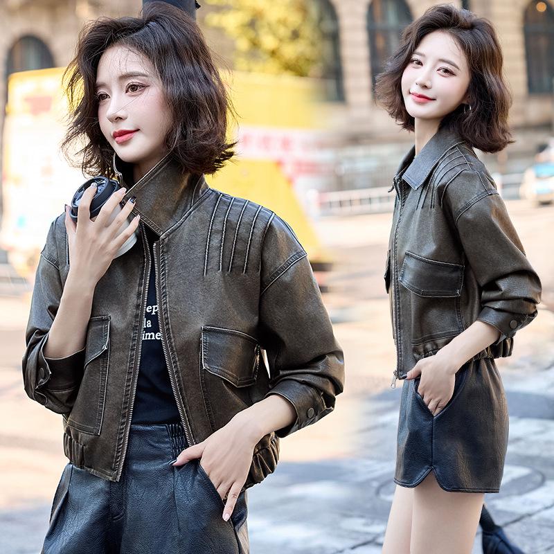 

Винтажная куртка из искусственной кожи ПУ с коротким лацканом на осень 2024 года - Универсальная и повседневная M (90-120 jin) серый