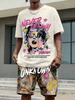 Men's Round Neck Casual Summer T-shirt with Cartoon Characters and Letter Patterns, Short Sleeves and Drawstring Shorts