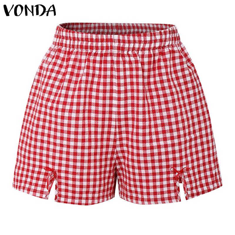 VONDA Damen Sets Kurzarm Schleifenknoten Karomuster Oberteile und Shorts mit elastischer Taille Outfits