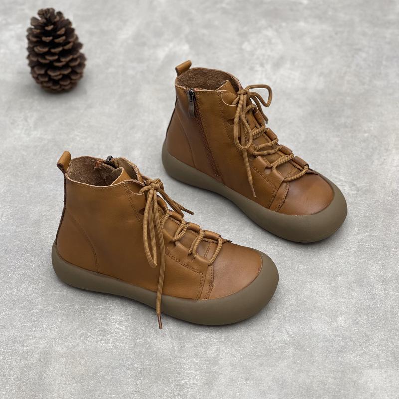 Johnature Handmade Genuine Leather Women's Shoes Retro Flat Versatile Soft Cowhide Lace Up Short Boots