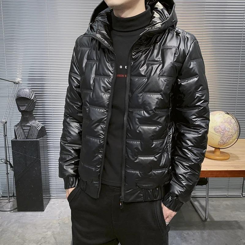 Mens Thick Warm Glossy Black Jackets Outwear Men's Clothings Winter Hooded Parkas Men Windbreaker Fashion Thermal Coats