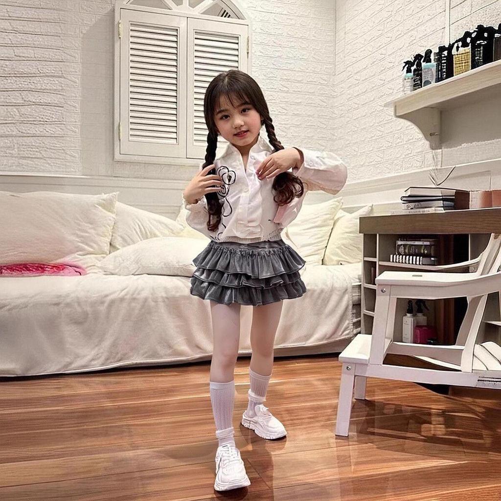 Girls' Black Velvet Layered Puffy Skort - Princess Style, Anti-Exposure, Spring/Autumn Korean Edition