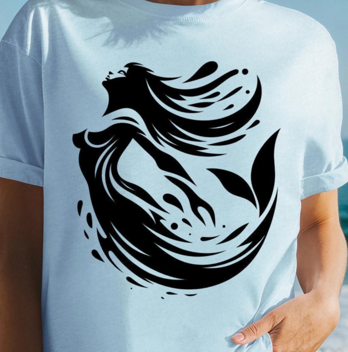 Mermaid Silhouette T-Shirt | Ocean Wave Illustration Tee, Mermaid Vibes Shirt L