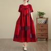 Summer 2025 Retro Cotton Linen Patchwork Dress - Women's Plus Size, Round Neck, Short Sleeve.