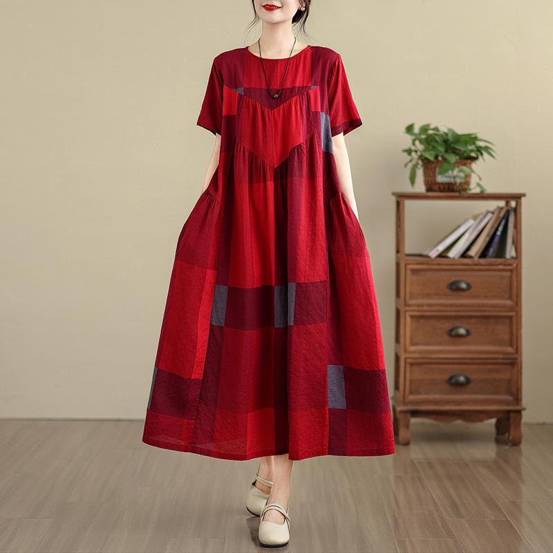 Summer 2025 Retro Cotton Linen Patchwork Dress - Women's Plus Size, Round Neck, Short Sleeve.